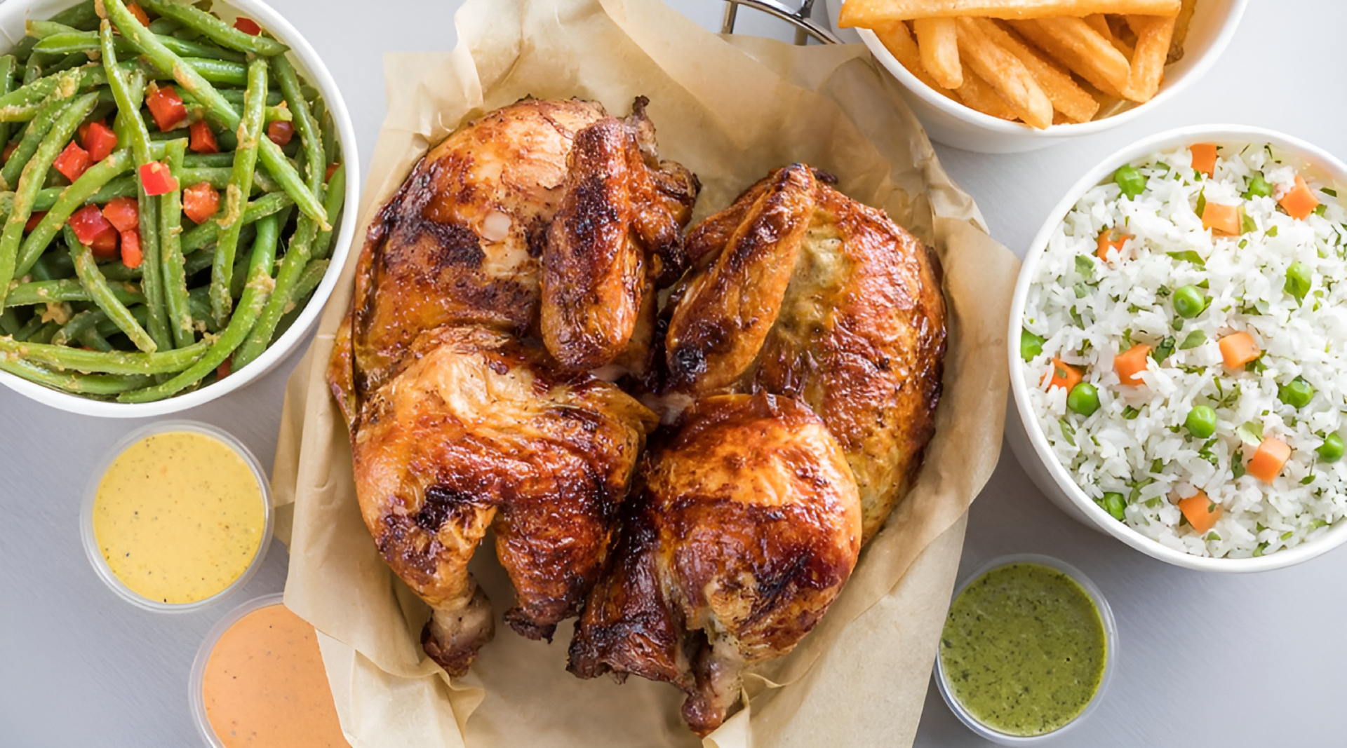 A roasted chicken is served on parchment paper, surrounded by bowls of green beans with diced tomatoes, seasoned rice with vegetables, thick-cut fries, and three sauces in small cups.