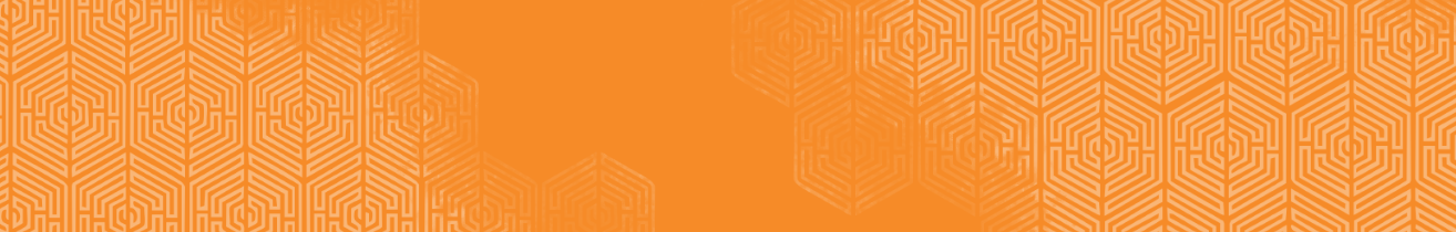 Orange background with geometric line patterns in light beige, forming repeating diamond and hexagonal shapes on the left and right sides, leaving a plain central area.